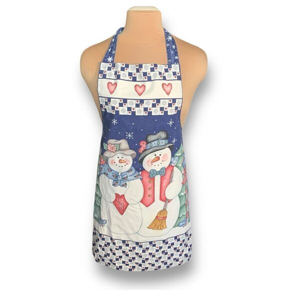 Vintage Snowman Christmas Full Apron Holiday Blue Red Hearts Joy Snowy Forrest - Picture 1 of 8